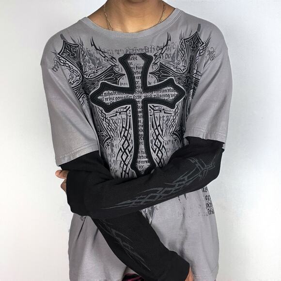 Y2K Helix Grunge Cross Long Sleeve Shirt Thermal Sleeves Cyber Affliction Style - Picture 15 of 16